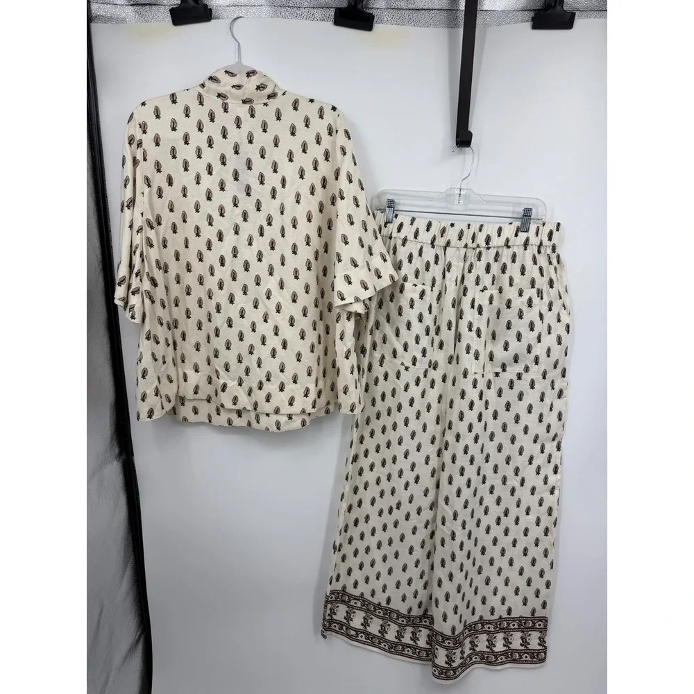 Banana Republic‎ Paisley Linen blend Set XL/L Petite Cream Black Kimono Pants